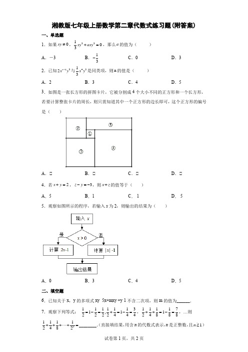 湘教版七年级上册数学第二章代数式练习题(附答案)