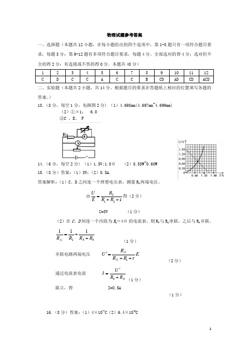 山东省六校2020-2021学年高二物理上学期阶段性联合考试试题(A卷)答案