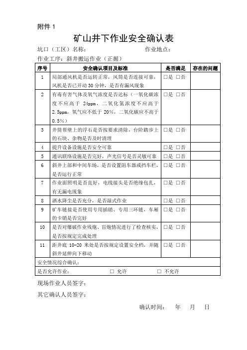 矿山井下作业安全确认表