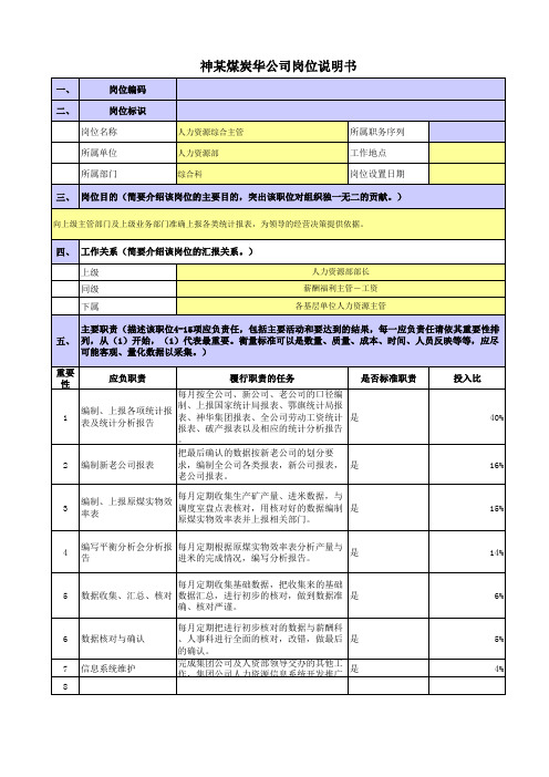 某央企煤炭集团岗位职责梳理表人力资源部人力资源综合主管