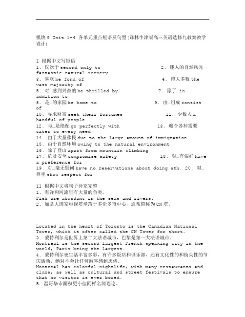 模块9 Unit 1-4 各单元重点短语及句型(译林牛津版高三英语选修九教案教学设计)