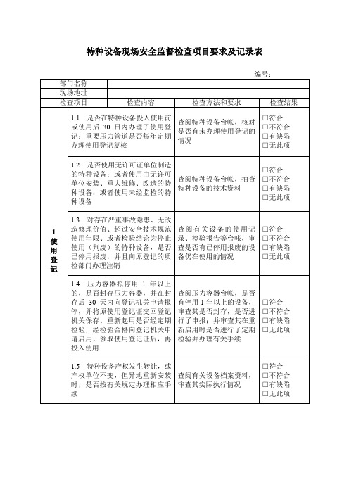 特种设备现场安全监督检查项目要求及记录表