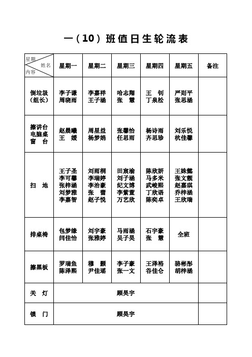 一年级学生卫生值日表