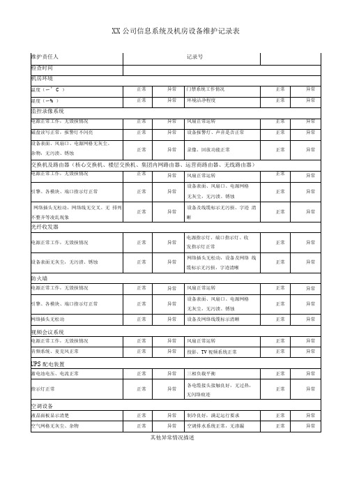 公司信息系统及机房设备维护记录表