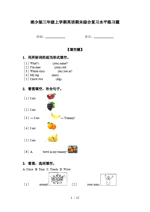 湘少版三年级上学期英语期末综合复习水平练习题