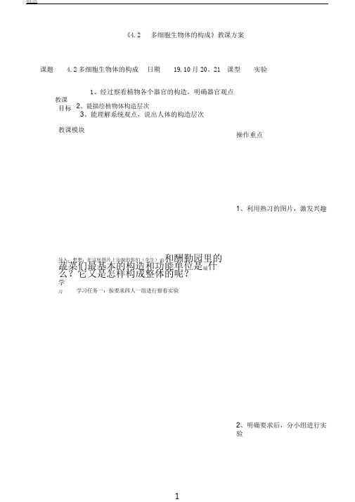 苏教版生物七年级上册2.4.2多细胞生物体组成课程教学设计