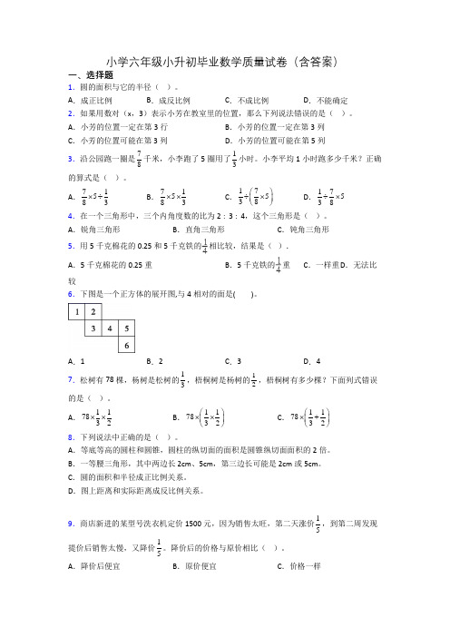 小学六年级小升初毕业数学质量试卷(含答案)