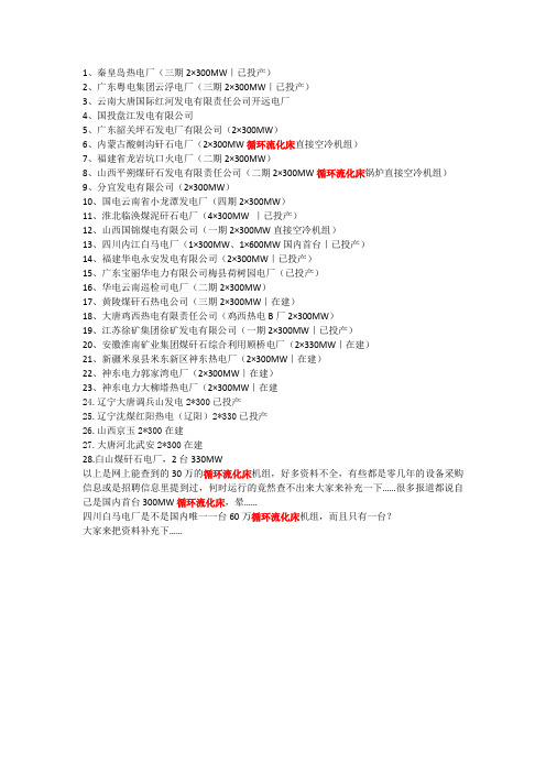 全国在建及已运行的300MW及以上循环流化床锅炉一览