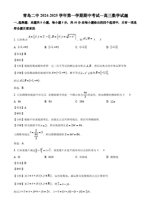 山东省青岛第二中学2024-2025学年高三上学期期中考试数学试卷(解析)