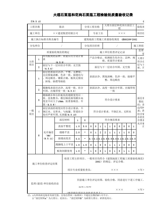 大理石面层和花岗岩面层工程检验批质量验收记录(范表)