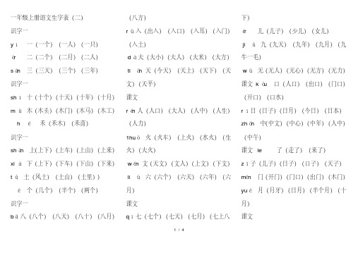 人教版一年级上册语文生字表二带拼音生字及组词(双色)