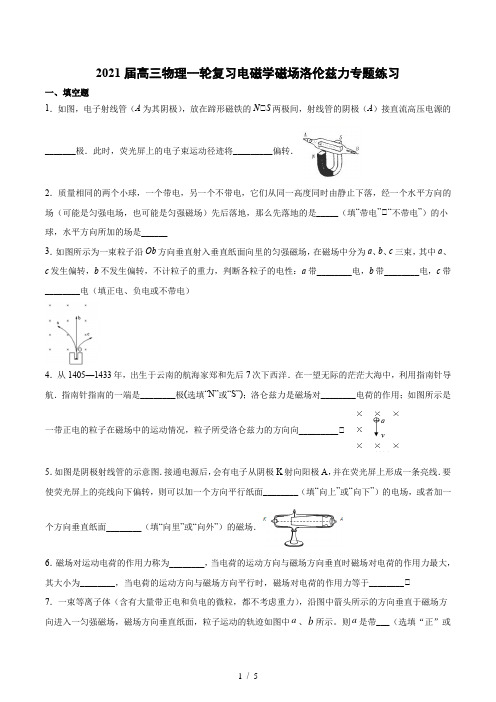 2021届高三物理一轮复习电磁学磁场洛伦兹力专题练习