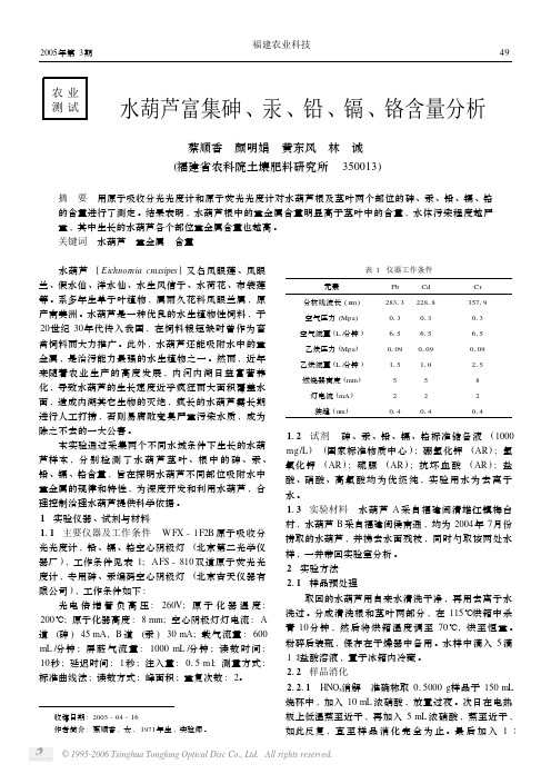 水葫芦富集砷、汞、铅、镉、铬含量分析