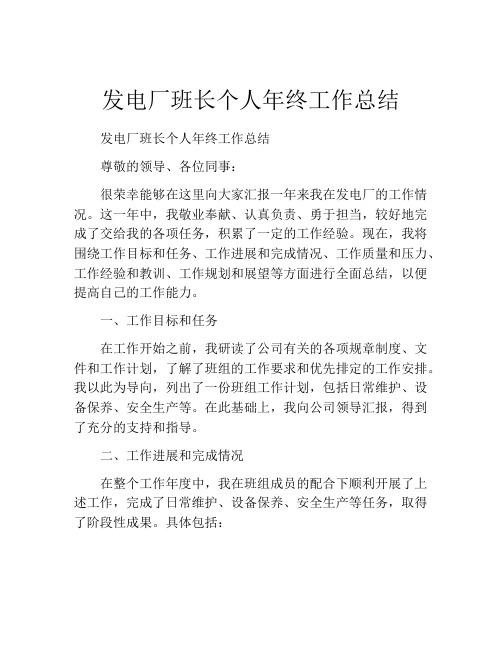 发电厂班长个人年终工作总结