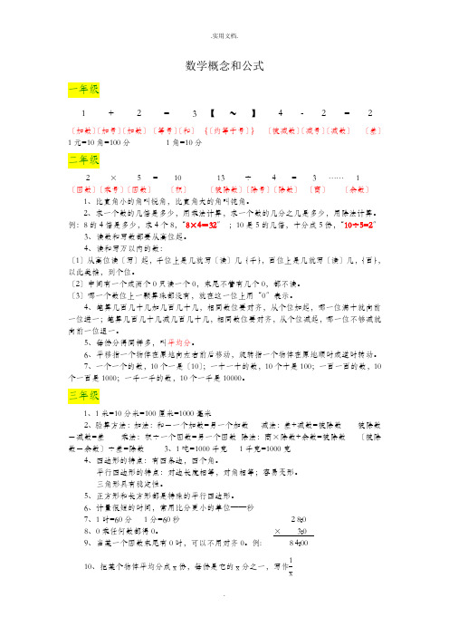 人教版数学一至六年级概念和公式