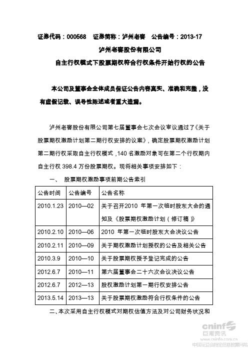 泸州老窖自主行权模式下股票期权符合行权条件开始行权的公告