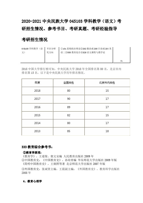 2020-2021中央民族大学045103学科教学(语文)考研招生情况、参考书目、考研真题、考研经验指导