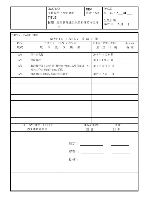 品质管理部组织架构及岗位职责描述汇编