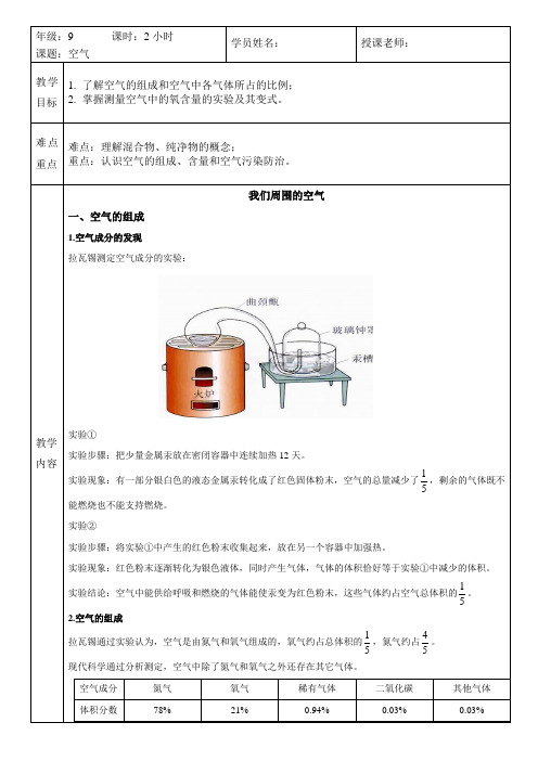 2.1 空气的组成 人教版九年级上册化学导学案