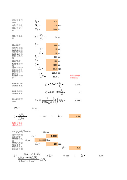 小偏心受压(对称配筋)计算表格