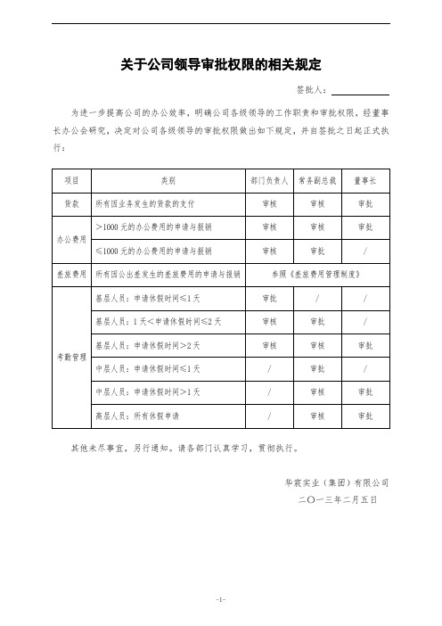 关于公司领导审批权限的相关规定