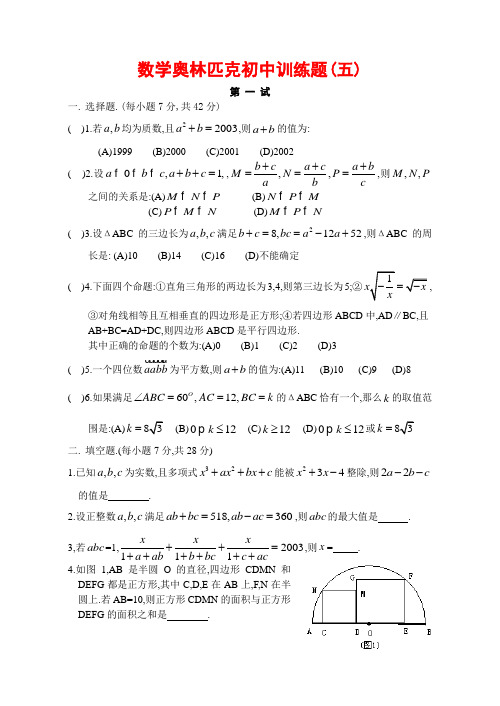 初中数学奥林匹克训练题(五)及答案