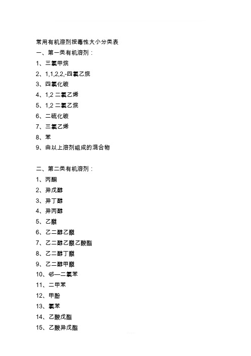 常用有机溶剂按毒性大小分类表