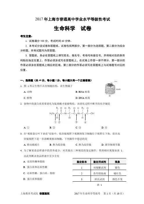 2017年上海生命科学学业水平等级性考试(重绘+答案)