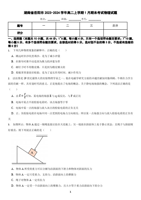 湖南省岳阳市2023-2024学年高二上学期1月期末考试物理试题(含答案)