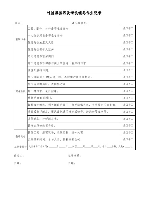 过滤器排污及清洗滤芯作业记录