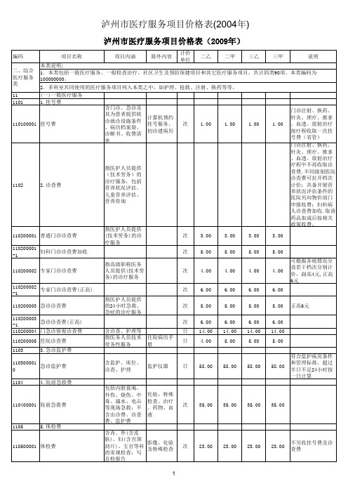 泸州市医疗服务项目价格表(2009-7-22)
