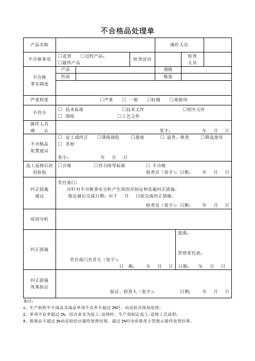 不合格品处理单