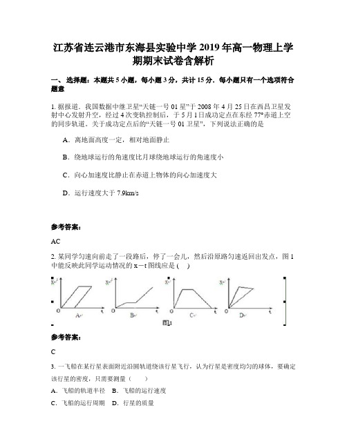 江苏省连云港市东海县实验中学2019年高一物理上学期期末试卷含解析