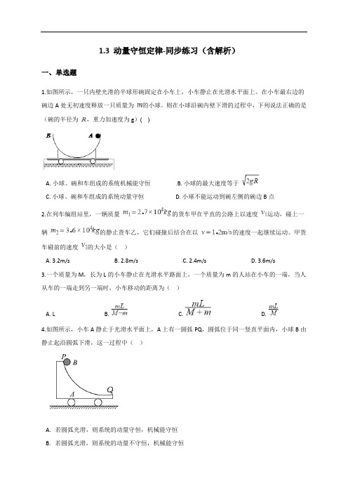 1.3 动量守恒定律-同步练习(含解析)【新教材】-人教版(2019)高中物理选修第一册(机构 )