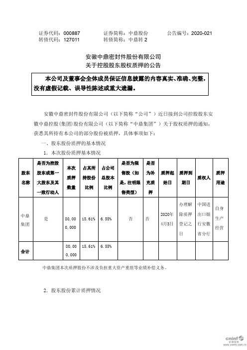 中鼎股份：关于控股股东股权质押的公告