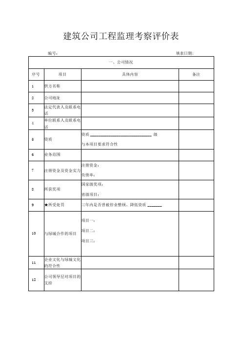 建筑公司工程监理考察评价表