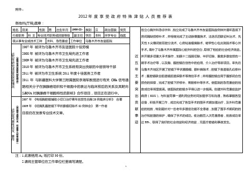 2012年度享受政府特殊津贴人员推荐表