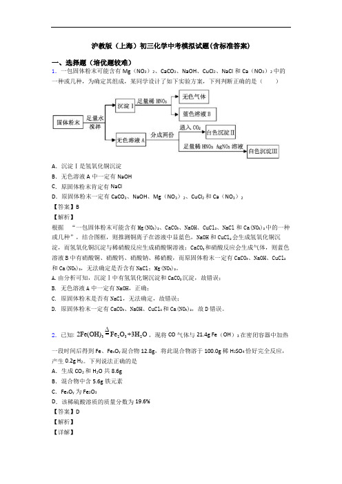 沪教版(上海)初三化学中考模拟试题(含标准答案)