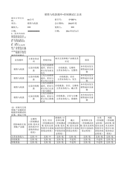 任务1—销售与收款循环控制测试汇总表