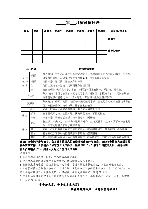 2020版宿舍值日表