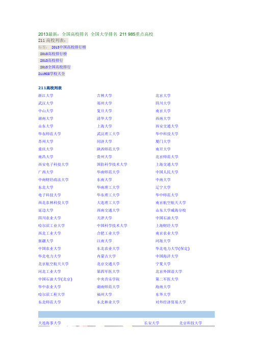 2013最新：全国高校排名 全国大学排名 211 985重点高校