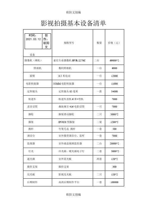 影视拍摄基本设备清单(定)欧阳文创编