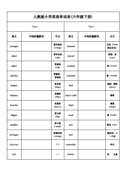 人教版小学英语单词表(六年级下册)默写背诵两用