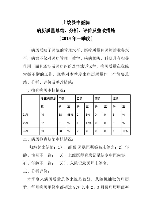 病历质量总结、分析、评价及整改措施