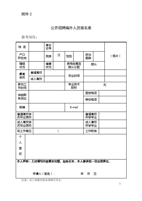 公开招聘编外人员报名表