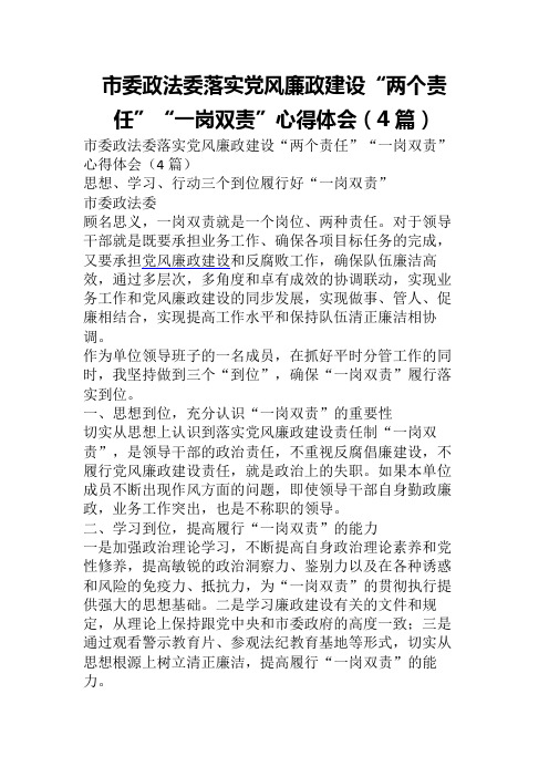 市委政法委落实党风廉政建设“两个责任”“一岗双责”心得体会(4篇)