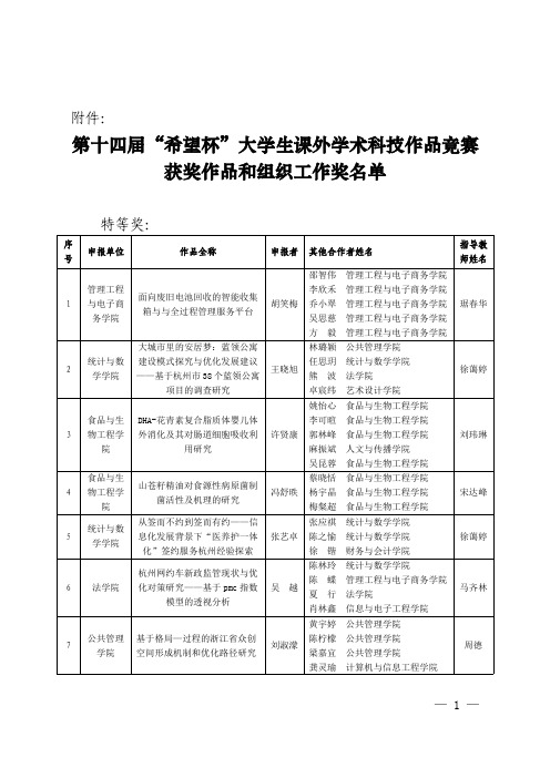 第十四届希望杯大学生课外学术科技作品竞赛获奖作品和