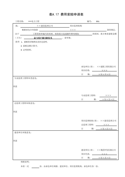 费用索赔申请表