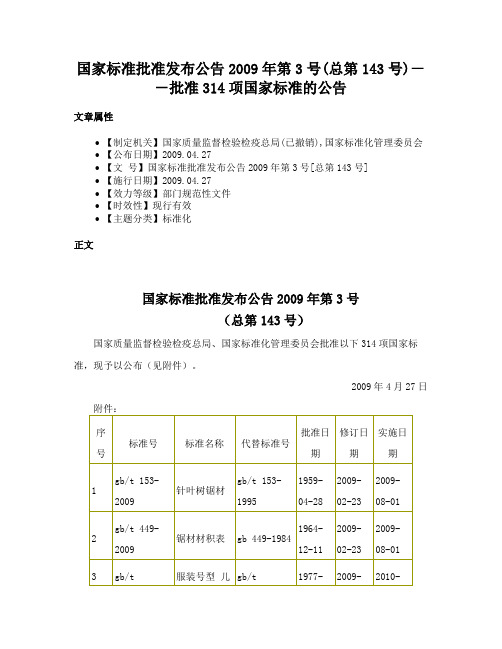 国家标准批准发布公告2009年第3号(总第143号)－－批准314项国家标准的公告