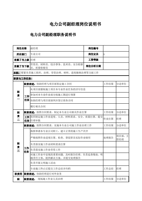 电力公司副经理岗位说明书